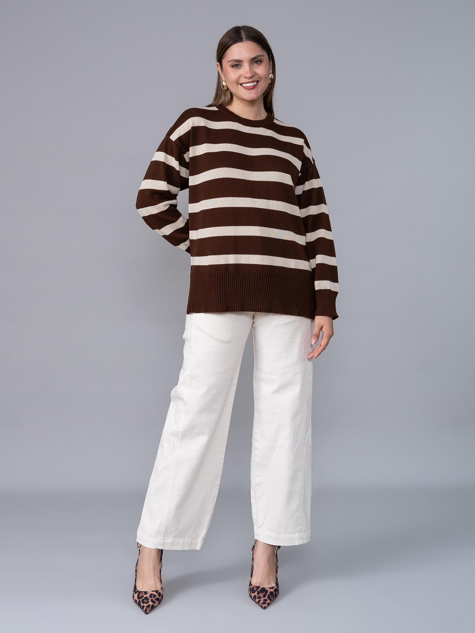 Chompa Tejida Ivette Rayas Marron/Beige