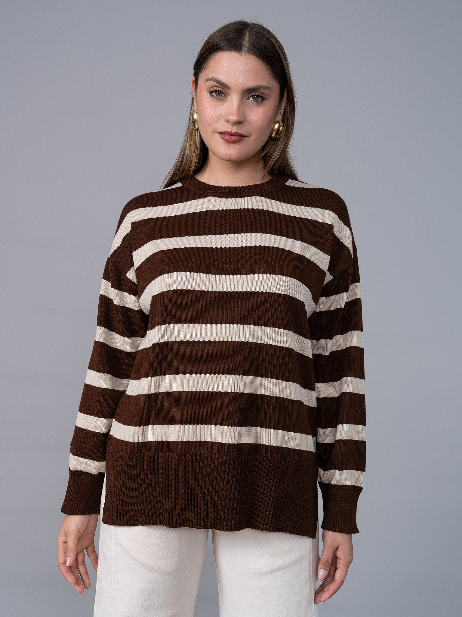 Chompa Tejida Ivette Rayas Marron/Beige