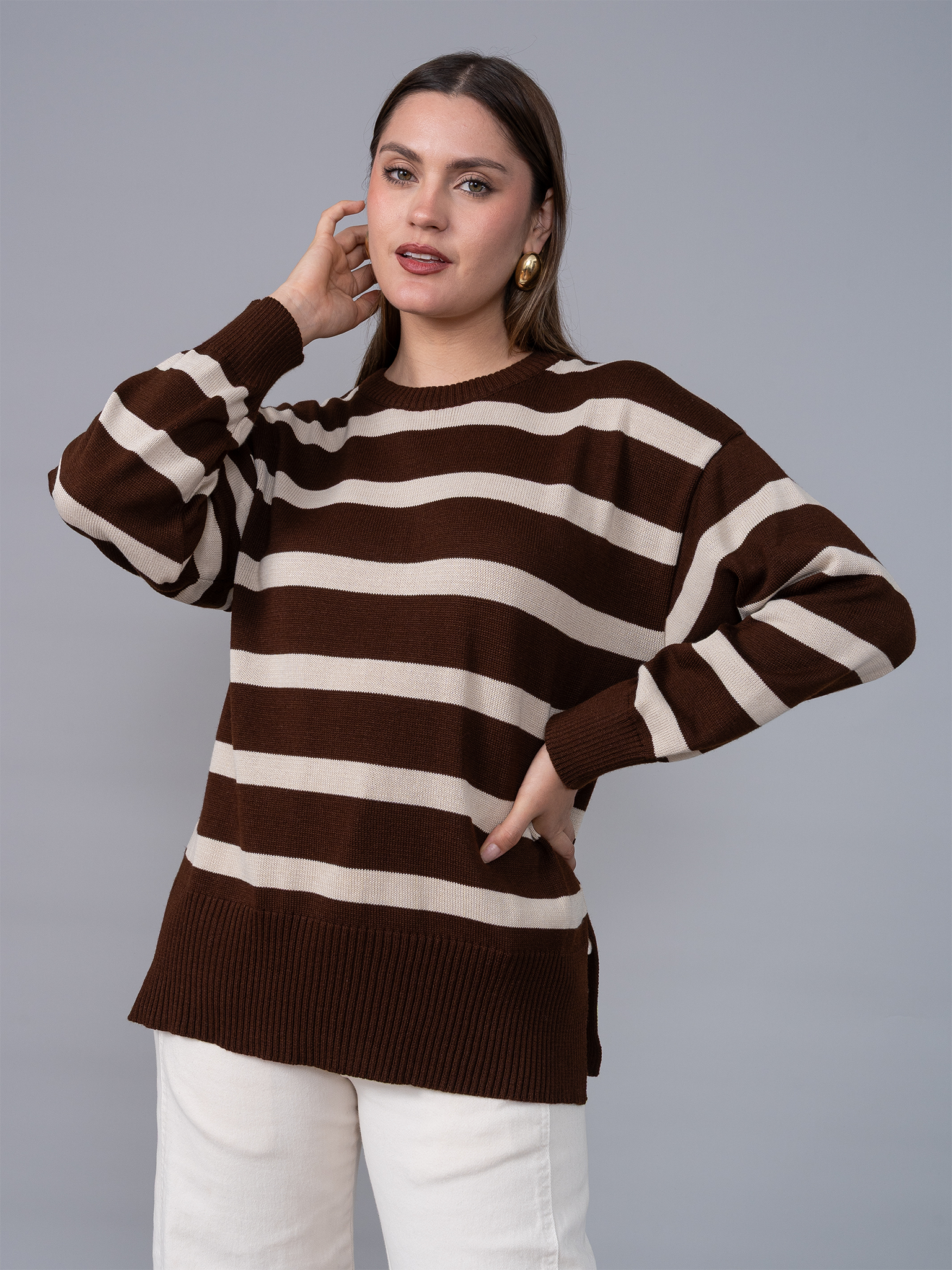 Chompa Tejida Ivette Rayas Marron/Beige