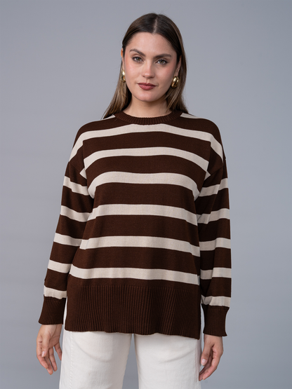 Chompa Tejida Ivette Rayas Marron/Beige