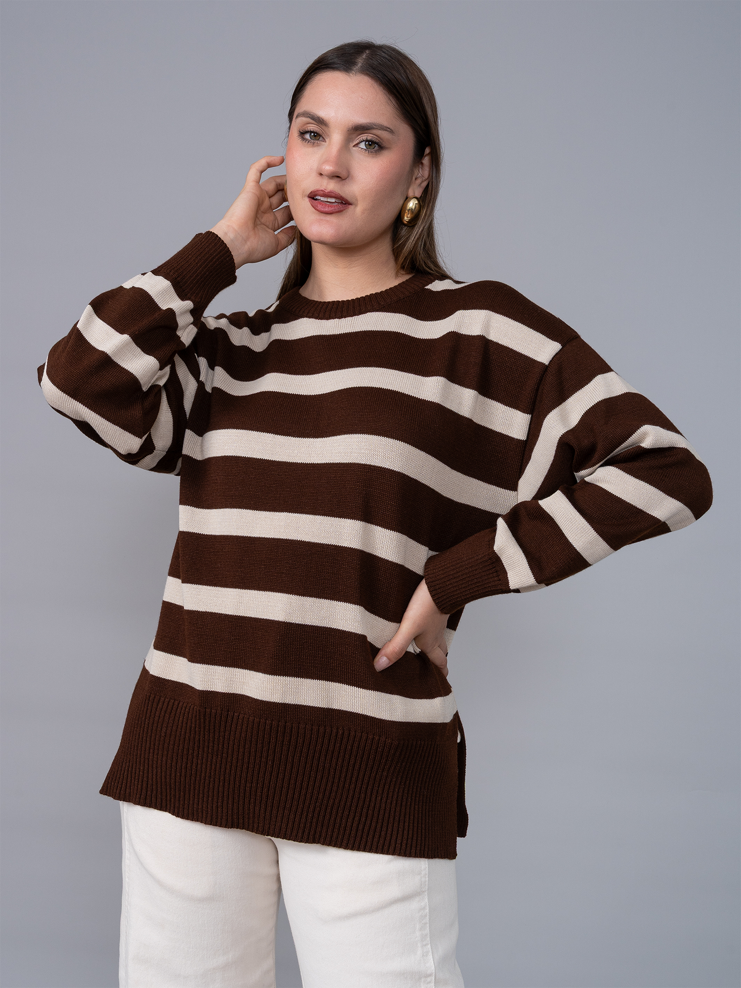 Chompa Tejida Ivette Rayas Marron/Beige
