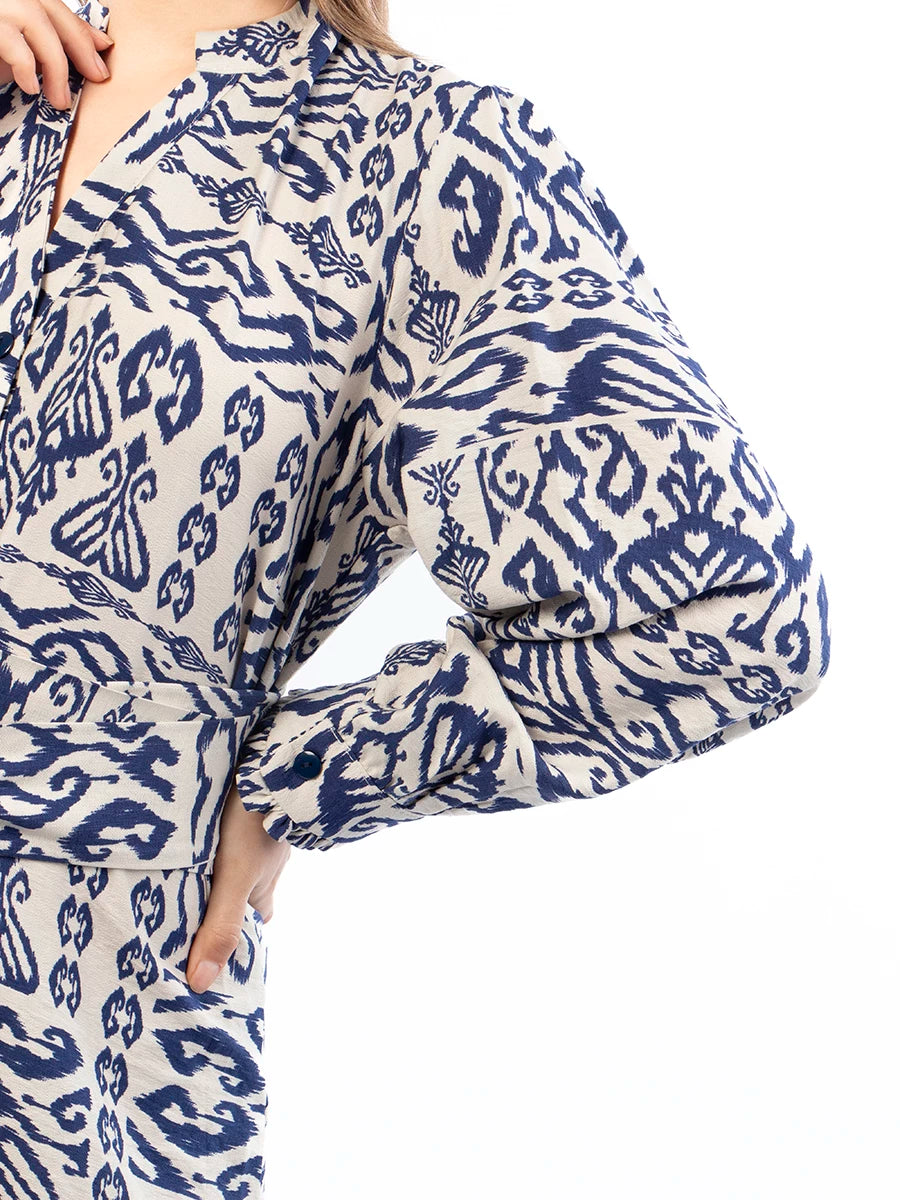 Vestido Marina Crema Estampado Azul