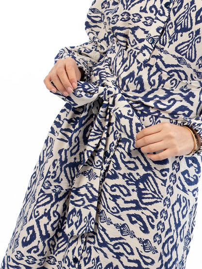 Vestido Marina Crema Estampado Azul