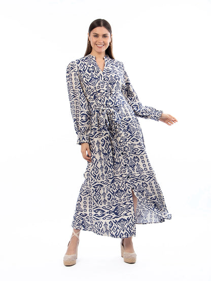 Vestido Marina Crema Estampado Azul