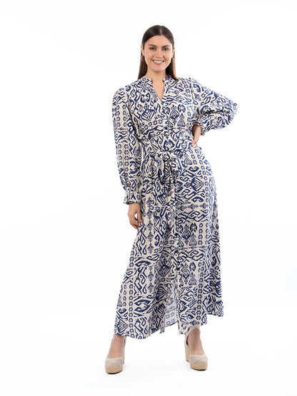 Vestido Marina Crema Estampado Azul