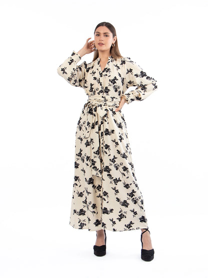 Vestido Marina Crema con Flores Negras