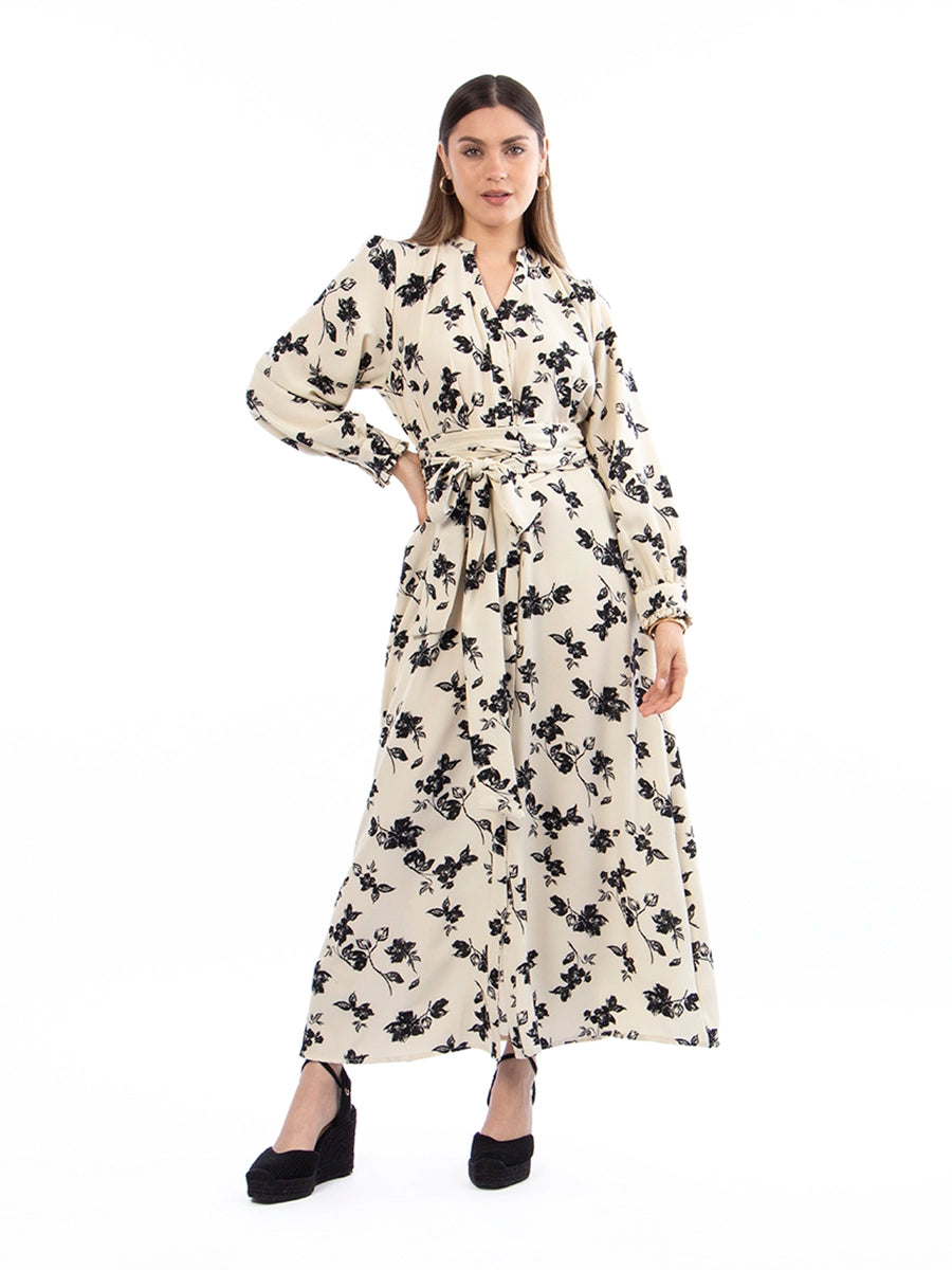 Vestido Marina Crema con Flores Negras