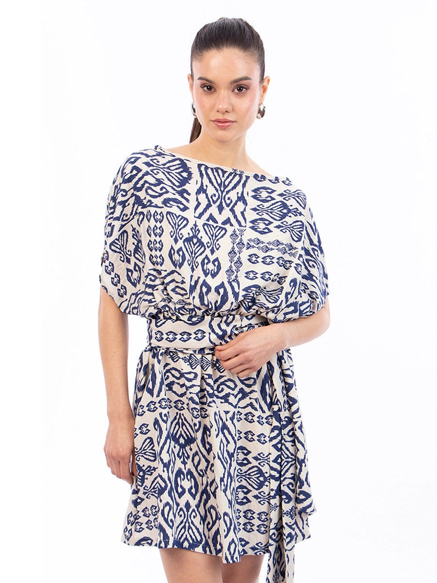 Vestido Aria Crema Estampado Azul